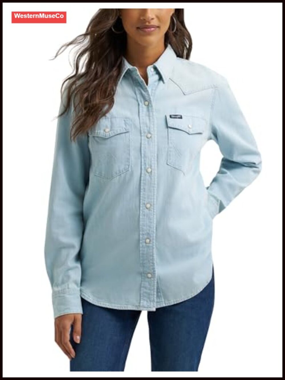 Western Snap Denim Shirt 100% Cotton Long Sleeve Pearl Snap